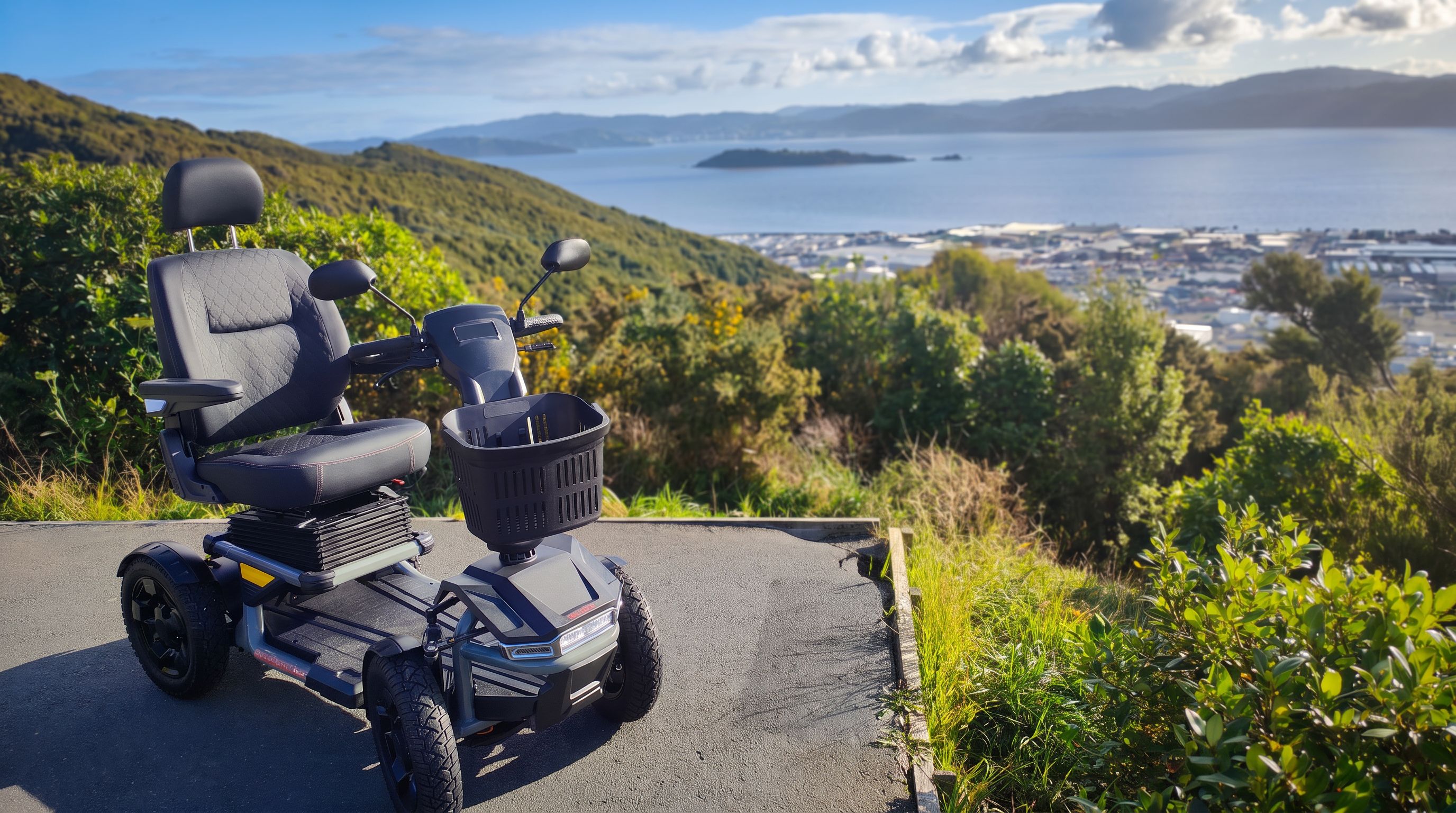 The Excel Supernova EVO parked on a hilltop path overlooking Wellington harbour
