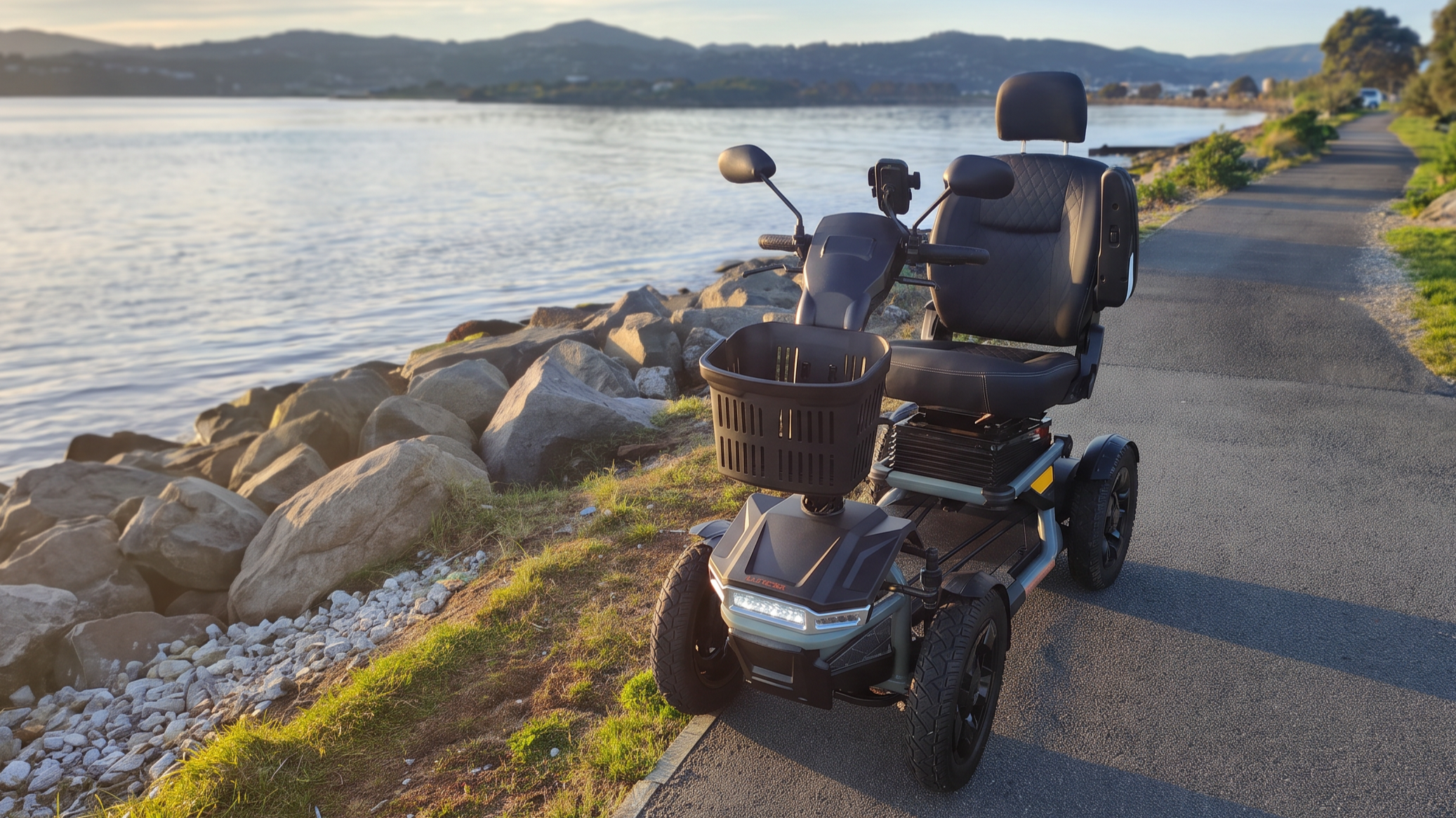 The Excel Supernova EVO parked on a coastal path beside rocks and water